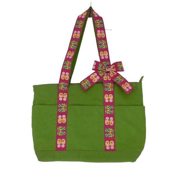 Super cute preppy green & pink flip flop print canvas tote bag with bow - Picture 1 of 10
